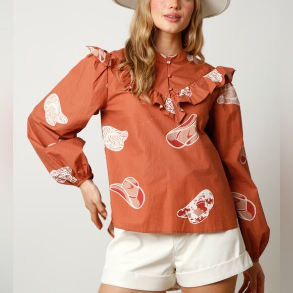 Fantastic Fawn Tops - Fantastic Fawn Poplin Blouse Cowboy Hat Print Ruffle Size Medium